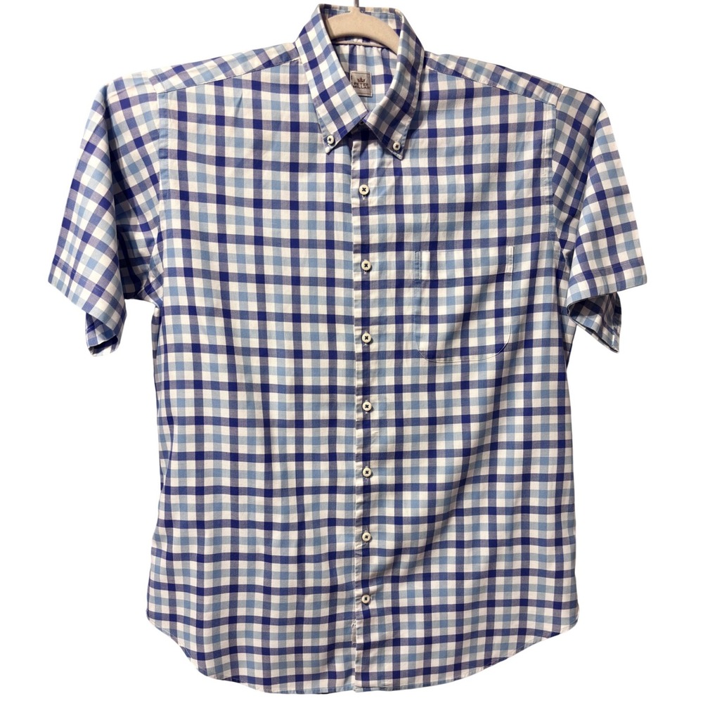 Peter Millar Button Down Shirt Mens Large Blue White Excellent Gingham Cotton SS